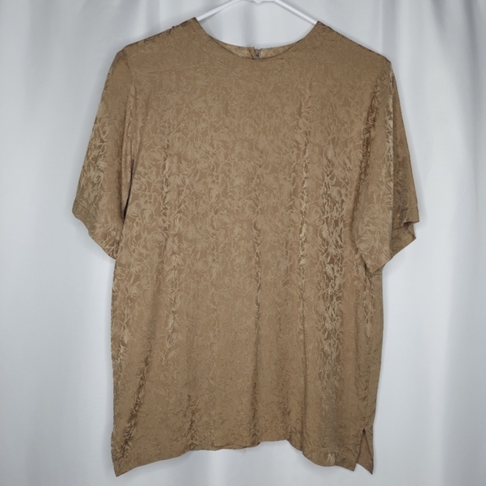 Stunt Silk Short Sleeve Top Women Small Brown‎ Brocade Keyhole Shell Career